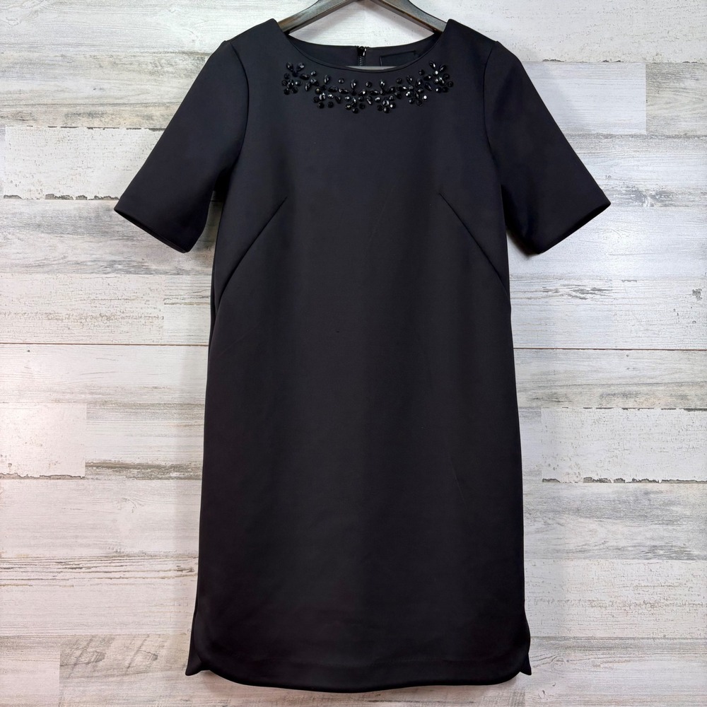 Cynthia Rowley Black Beaded Jewel‎ Neck Shift Dress Short Sleeve Womens Size 4